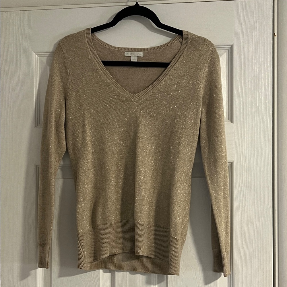 New York & Company Shimmering Gold V-Neck Sweater